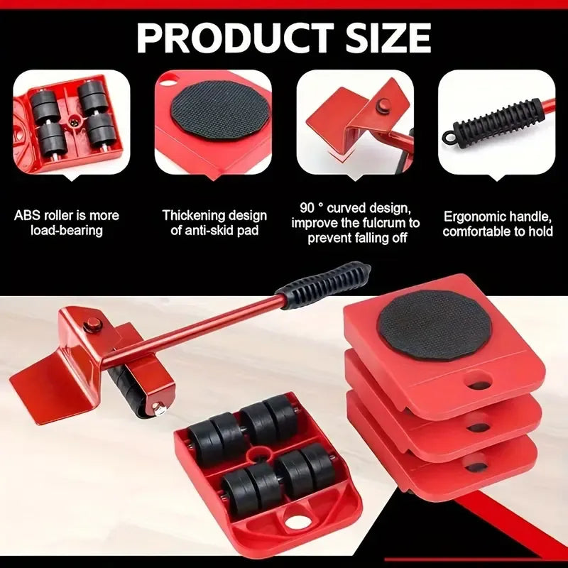 5pcs Furniture Lifter & Mover Tool Set – Heavy-Duty Appliance Roller Sliders with Red Lifting Lever – Easy Transport for Sofa, Bed, Fridge