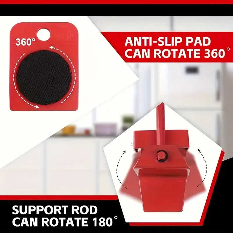 5pcs Furniture Lifter & Mover Tool Set – Heavy-Duty Appliance Roller Sliders with Red Lifting Lever – Easy Transport for Sofa, Bed, Fridge