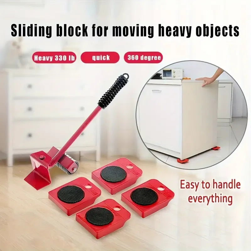 5pcs Furniture Lifter & Mover Tool Set – Heavy-Duty Appliance Roller Sliders with Red Lifting Lever – Easy Transport for Sofa, Bed, Fridge